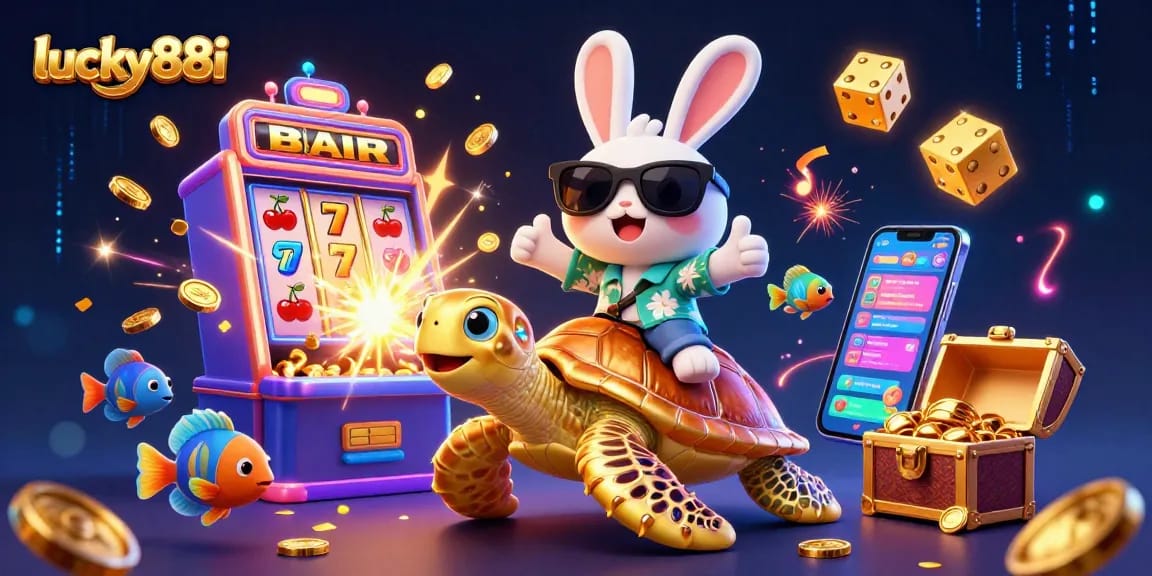 Experience the excitement of lucky88i with a vibrant illustration of a lucky rabbit and golden turtle in a dynamic casino scene.