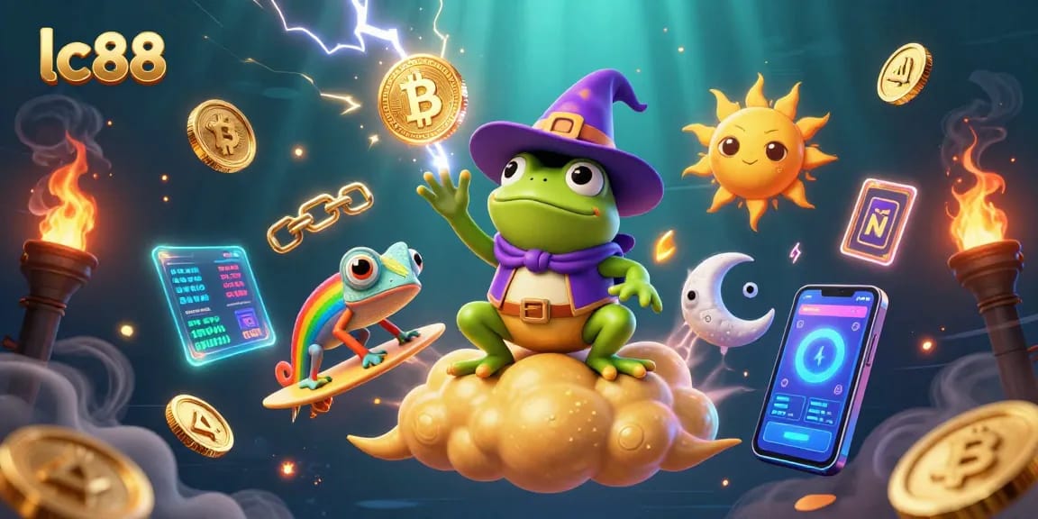 Join the excitement at lc88 with a whimsical 3D scene of a weather wizard frog showering golden coins amidst crypto elements.