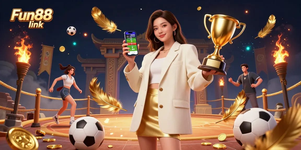 Engage with Fun88 link through this vibrant casino scene, showcasing sports betting excitement and dynamic elements.