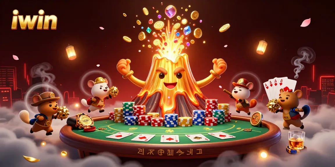 Unveil winning strategies at iwin casino with a thrilling poker scene featuring a golden volcano.