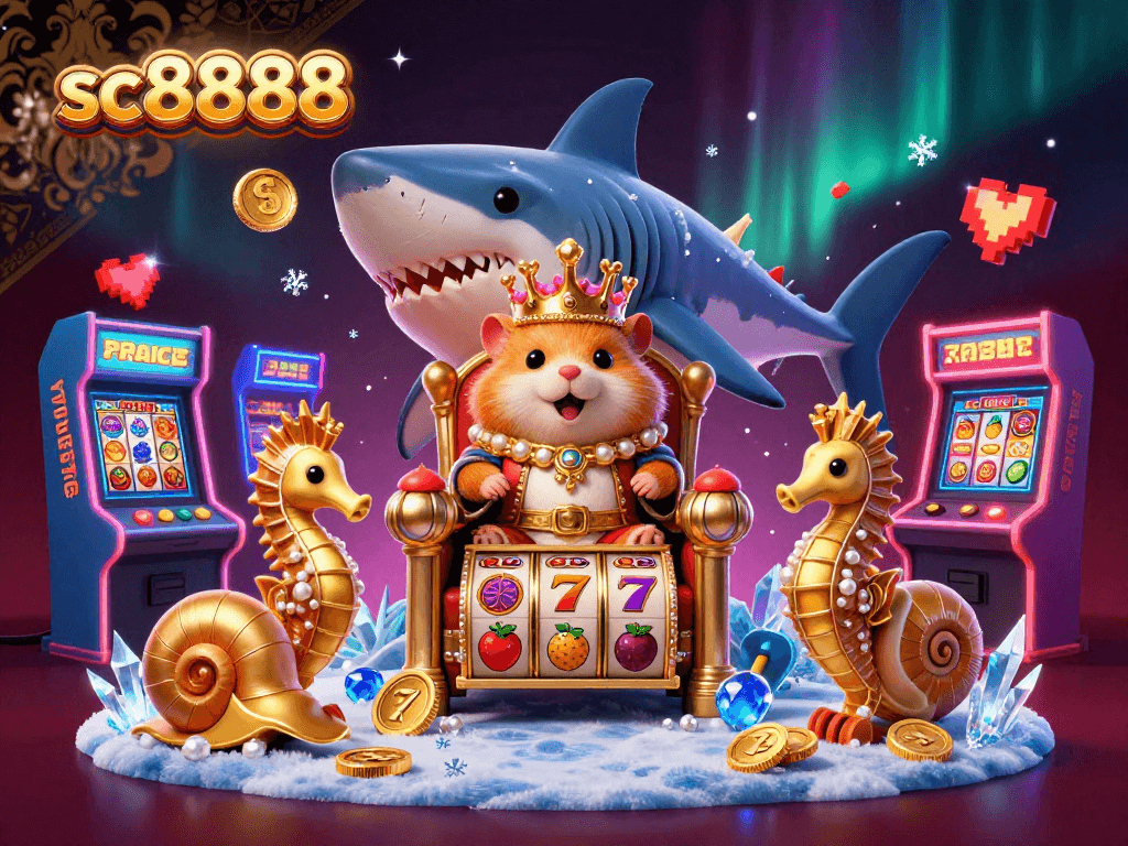 Experience thrilling casino gameplay with sc8888 featuring a golden hamster king and vibrant slot reels.