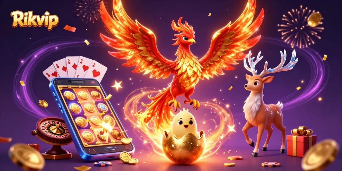 Experience the excitement of Rikvip with vibrant casino game elements in a dynamic fantasy scene.