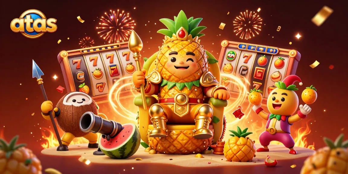 Spin the lucky reels at Atas Casino with vibrant 3D characters and festive celebrations.