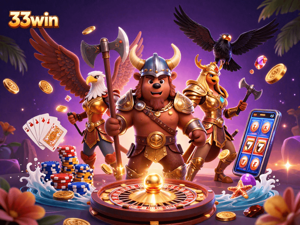 Engage with the thrilling world of 33win through a vibrant casino illustration featuring epic elements.
