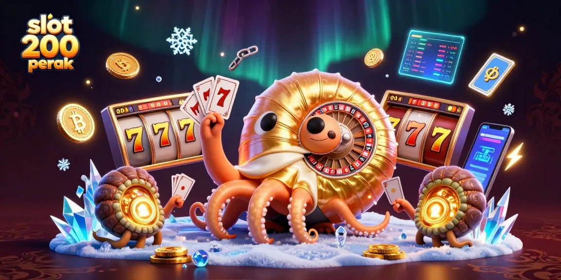 Slot 200 perak menghadirkan ilustrasi permainan kasino menarik dengan elemen slot dan kartu.