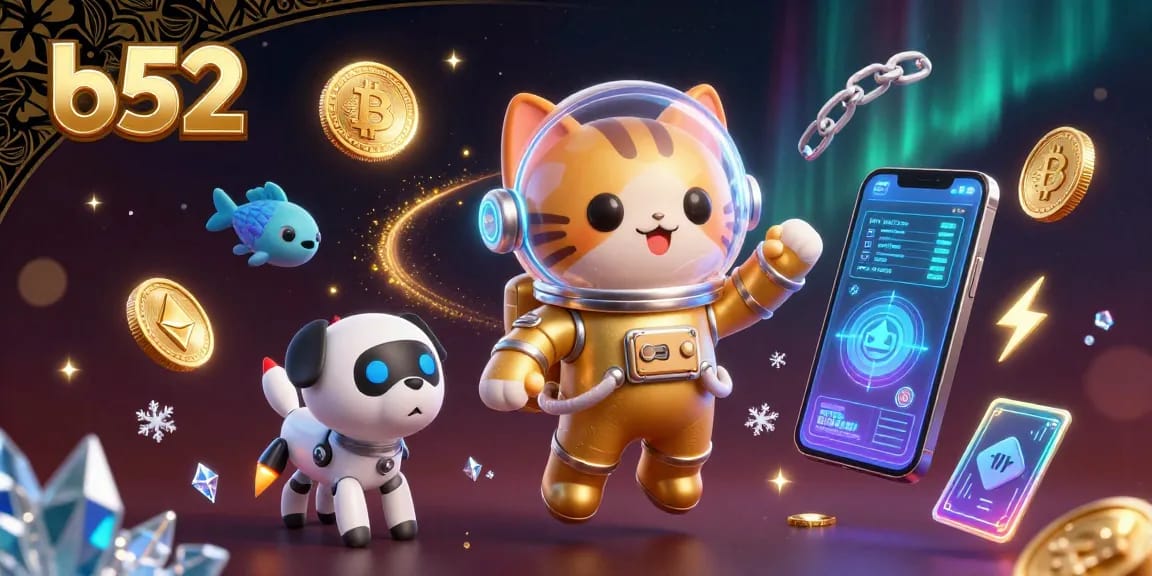 Experience thrilling gaming adventures at b52 with dynamic scenes filled with cryptocurrency elements and space-themed characters.