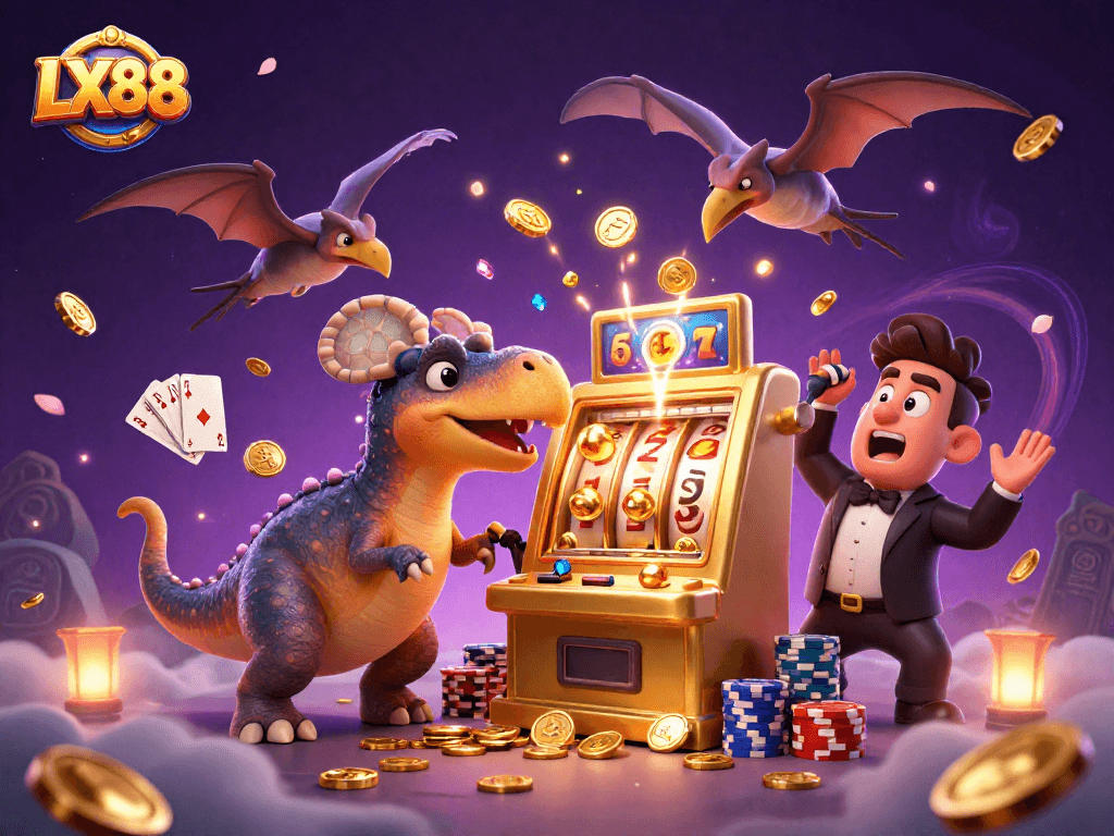 Catch the excitement of LX88 as dinosaurs celebrate jackpots and coins fly in this vibrant casino scene.