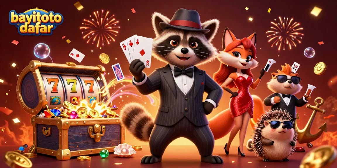 Join the fun at bayitoto daftar, with a raccoon holding a royal flush in a dynamic casino scene.
