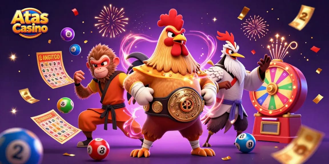 Experience winning excitement with Atas Casino's vibrant characters amidst colorful games and festive elements.