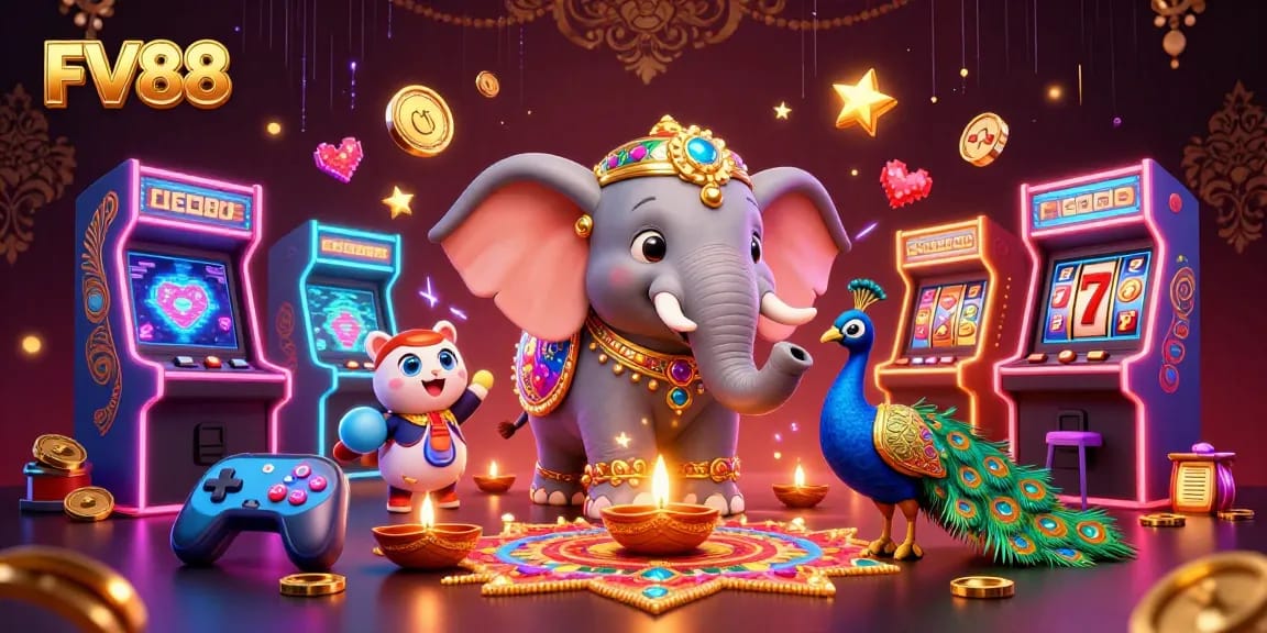Engage with thrilling jackpots at FV88 with this vibrant casino-themed scene featuring colorful characters and gaming elements.