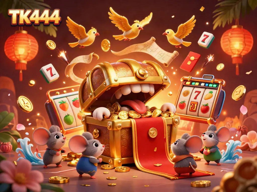 Win big with TK444's vibrant casino adventure game, featuring treasure chest and golden symbols.