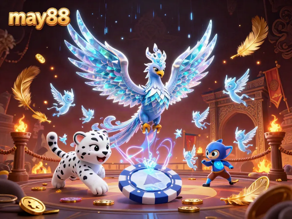Engage with may88 through exciting gaming adventures featuring an ice phoenix and leopard in a vibrant casino scene.