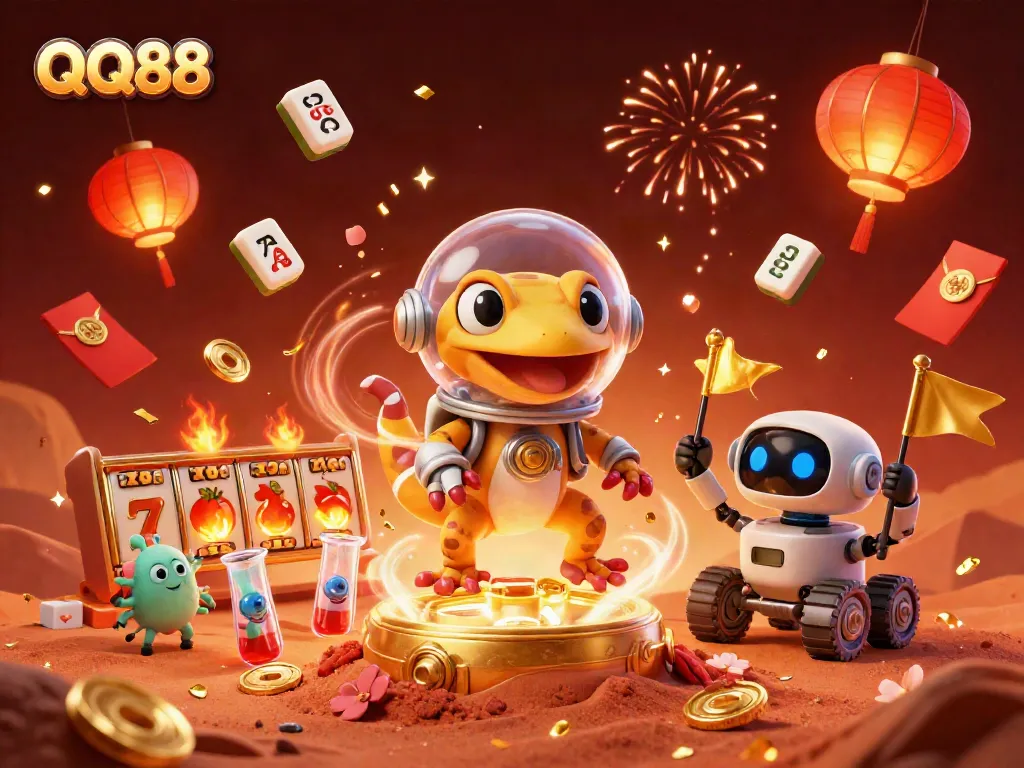 Experience the thrill of QQ88 with a cartoon gecko celebrating in a vibrant casino world.