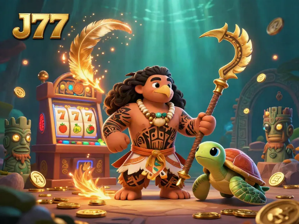 Experience J77's vibrant casino atmosphere with a demigod hawk, glowing tiki statues, and lively slot machine action.