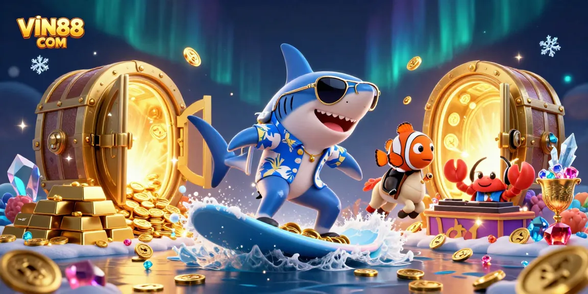 Experience winning excitement at VIN88 COM with a vibrant 3D illustration of a shark enjoying a golden treasure wave.
