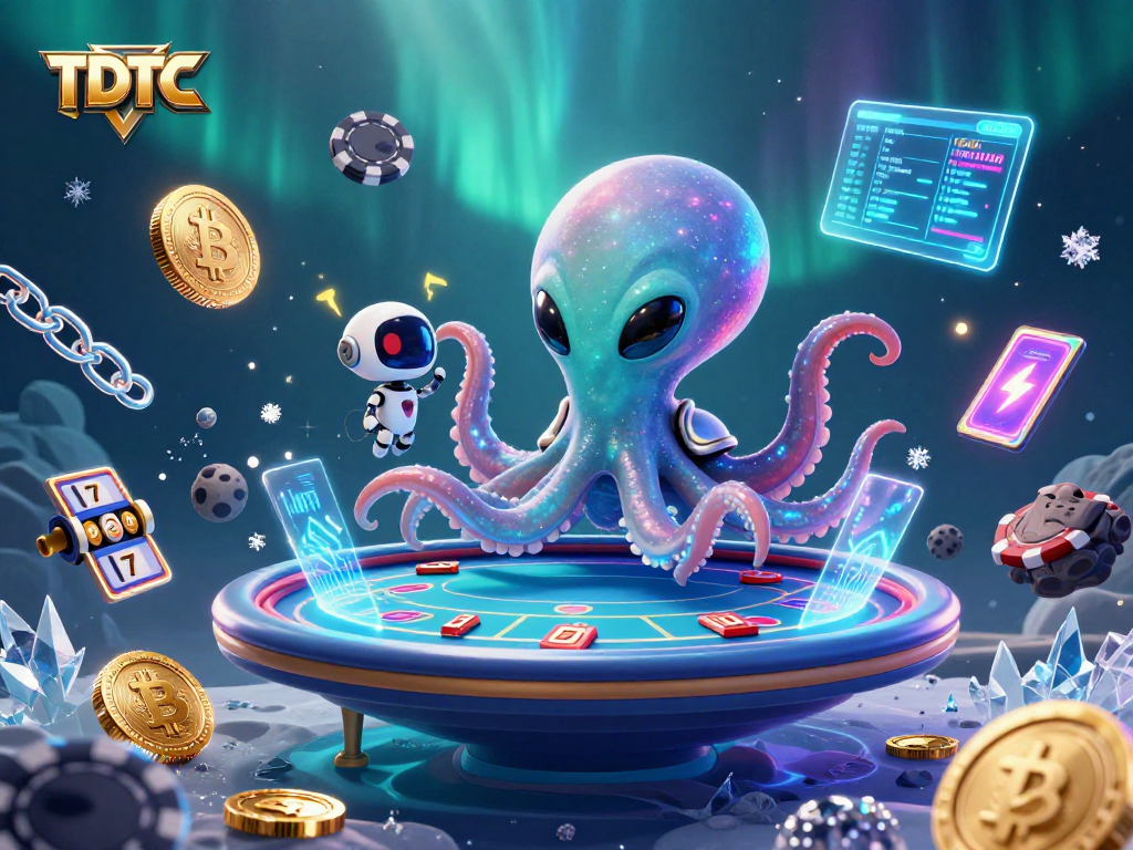 Engage with TDTC's vibrant 3D alien octopus poker scene featuring crypto elements.