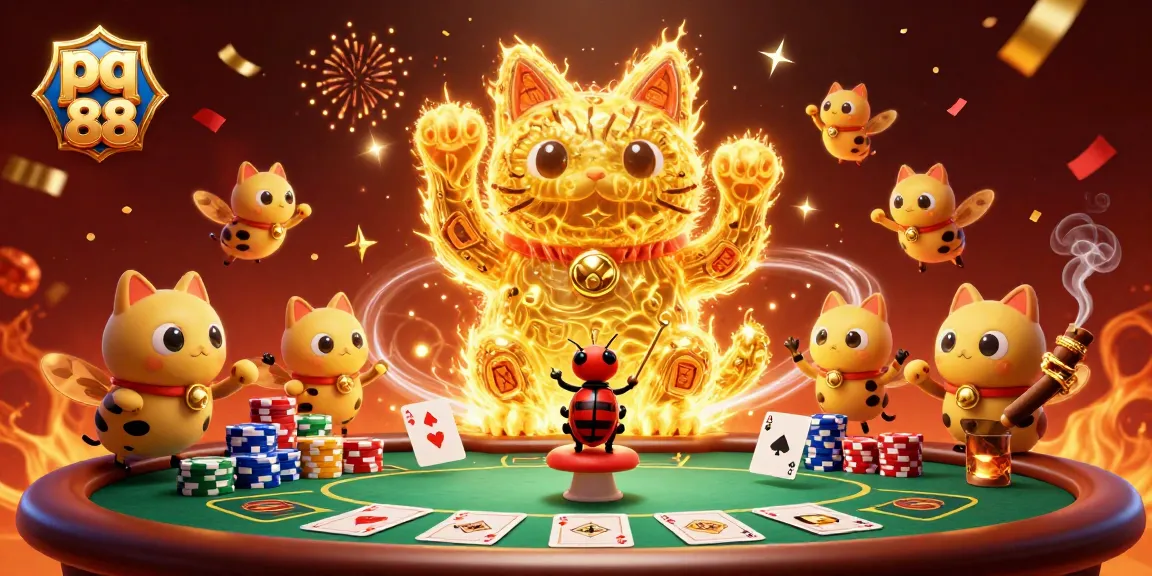 Experience the thrill of pq 88 as the lucky cat combines with poker symbols in a vibrant casino scene.