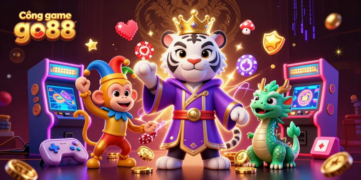 Cổng game go88 illustrates a vibrant casino scene with a stylish white tiger and playful monkey, enhancing the gaming experience.