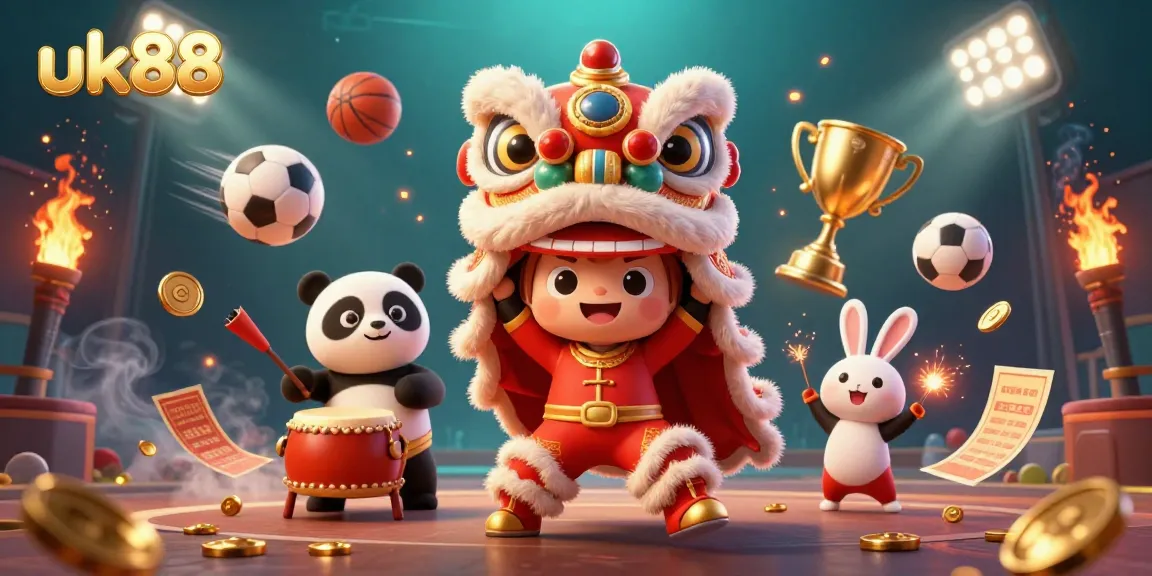 Engage with uk88 in this vibrant 3D casino illustration featuring festive characters and dynamic game elements.