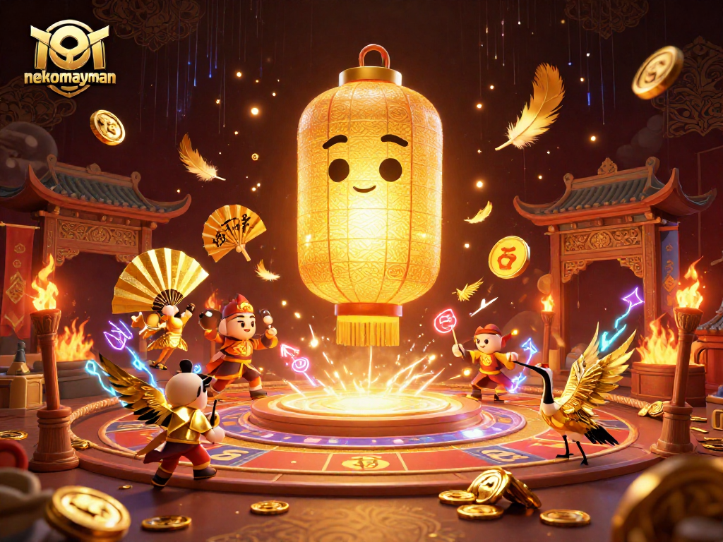 Engage with nekomayman’s thrilling night market casino scene featuring lucky symbols, golden lanterns, and vibrant characters.