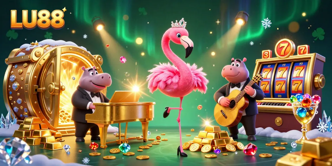 Experience the thrill of LU88 casino with vibrant 3D illustration of winning slots and performers.