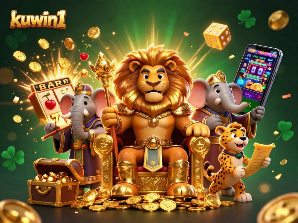 Kuwin1 offers immersive gaming with a lion king, elephant advisor, and cheetah messenger amidst slot machines.