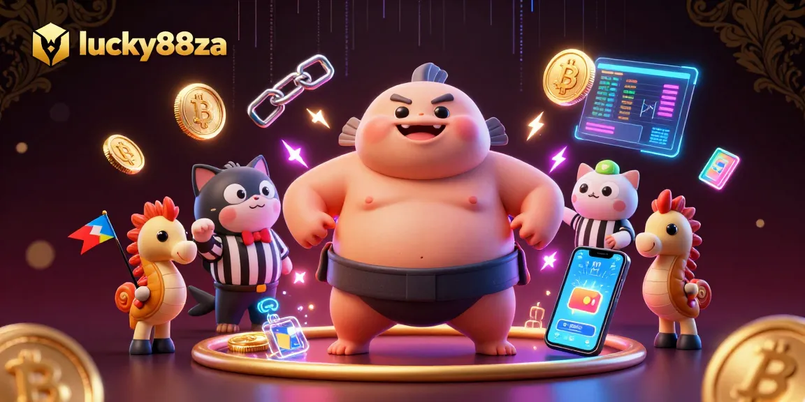Engage in exciting casino adventures with lucky88za's vibrant 3D illustration of a sumo fugu and crypto elements.