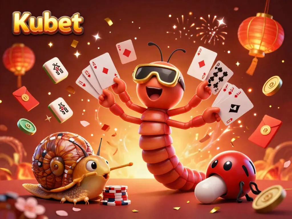 Kubet's vibrant 3D illustration showcases the excitement of online gambling with animated characters and festive elements.