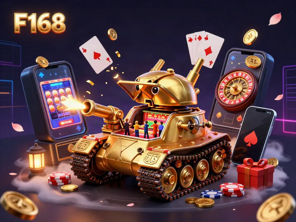 Experience the dynamic world of F168 with a golden beetle tank showcasing a miniature casino, surrounded by gambling elements.