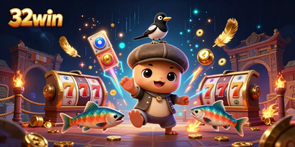 Experience the excitement of 32win with immersive slot game elements featuring lively characters.