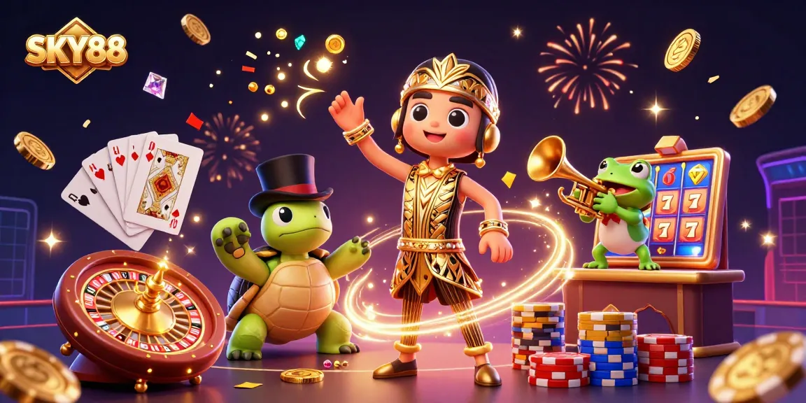 Experience the excitement of SKY88 with cascading coins and lively casino characters.