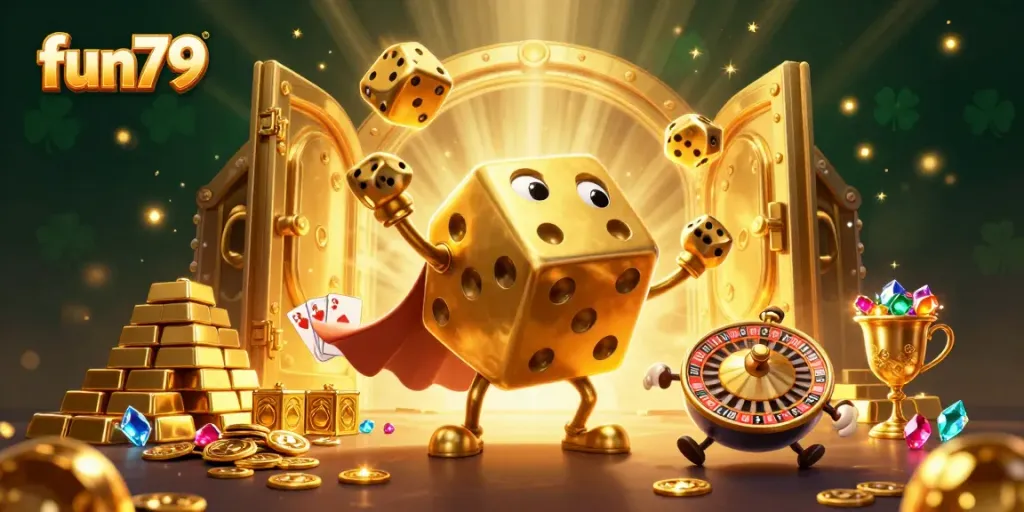 Unleash the excitement of fun79 with a dazzling 3D casino illustration showcasing a golden dice golem juggling treasures.