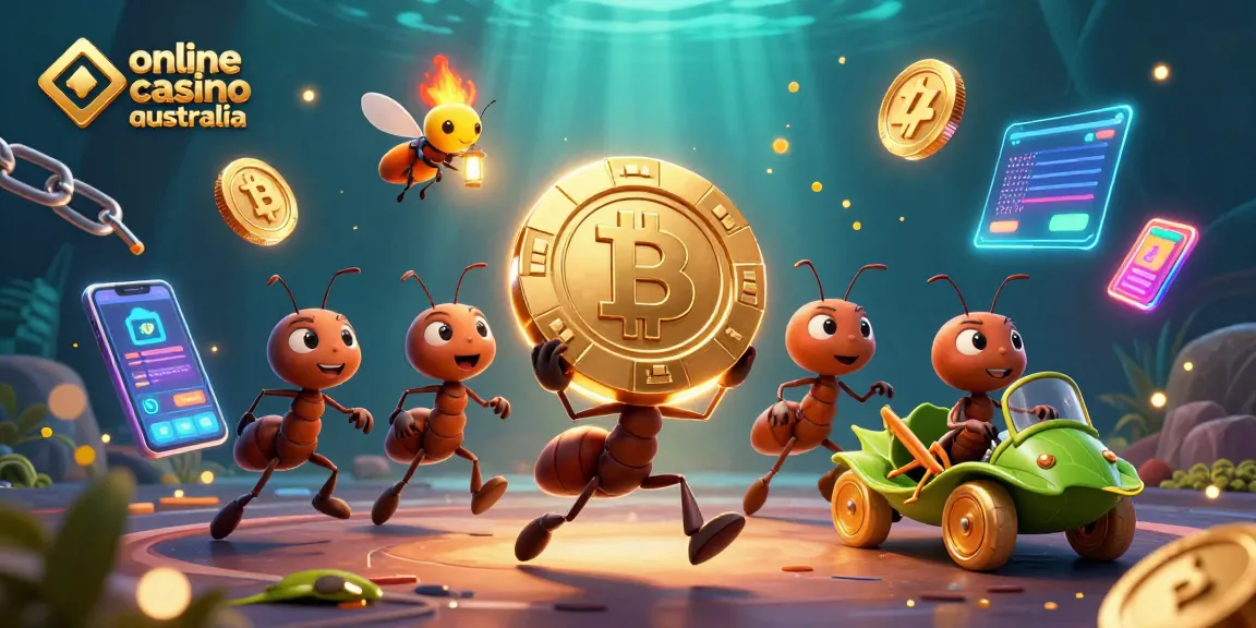 Engage with online casino Australia as cartoon ants perform a heist with golden poker chip power.