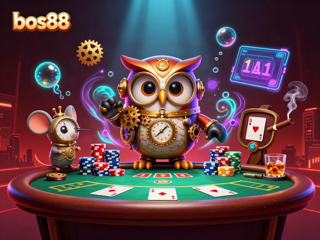 Experience exciting game action with bos88, showcasing a steampunk owl and vibrant poker elements.