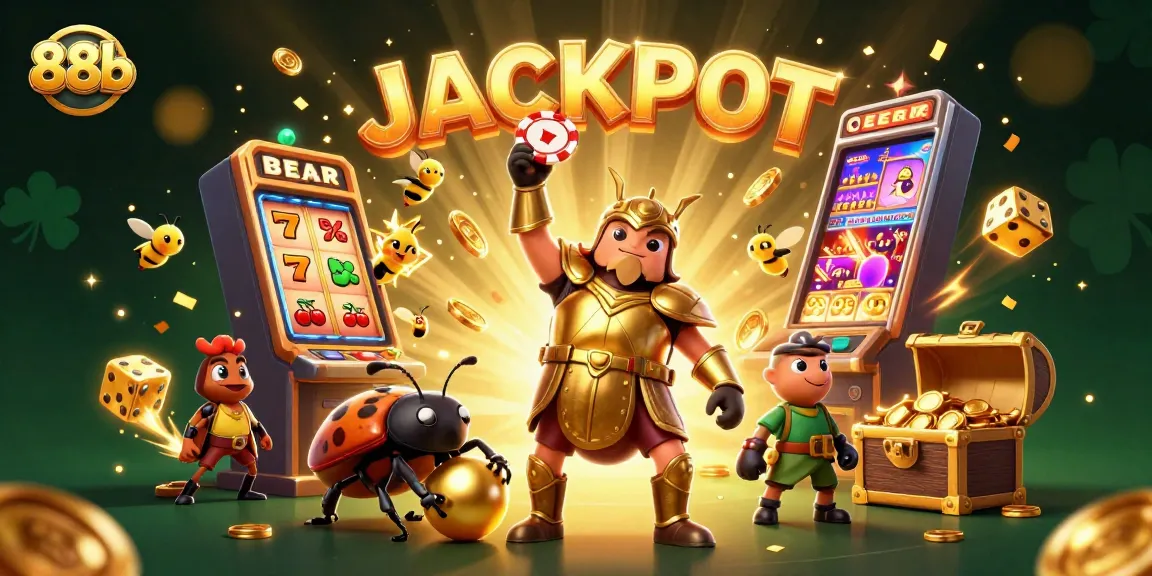 88b players celebrating wins with a victorious hercules beetle alongside casino elements, enhancing gaming excitement.