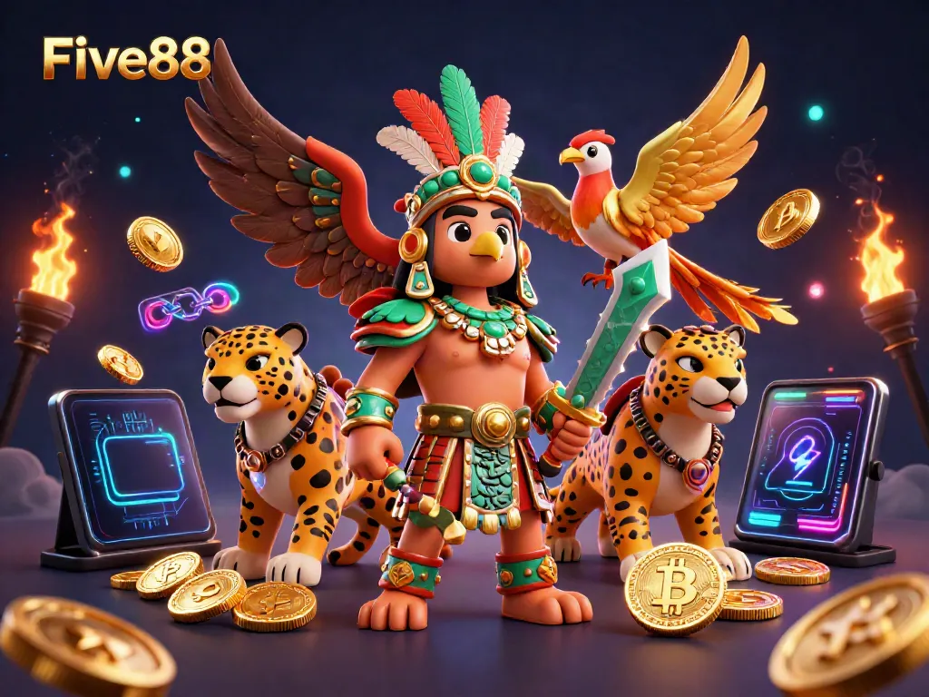 Engage with Five88 in a vibrant 3D illustration featuring an Aztec warrior, cryptocurrencies, and casino elements.
