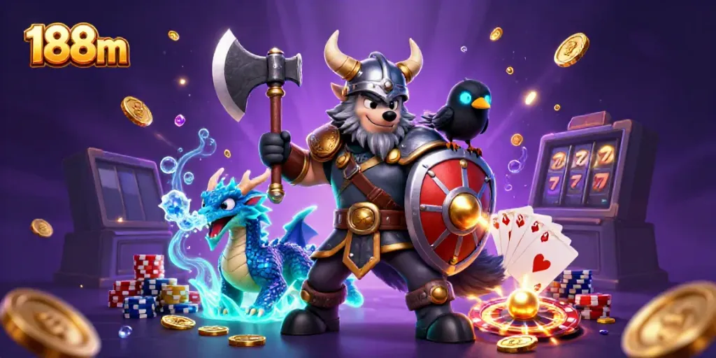 Win big at 188m with a thrilling 3D casino adventure featuring a Viking warrior, dragon, and radiant gaming elements.