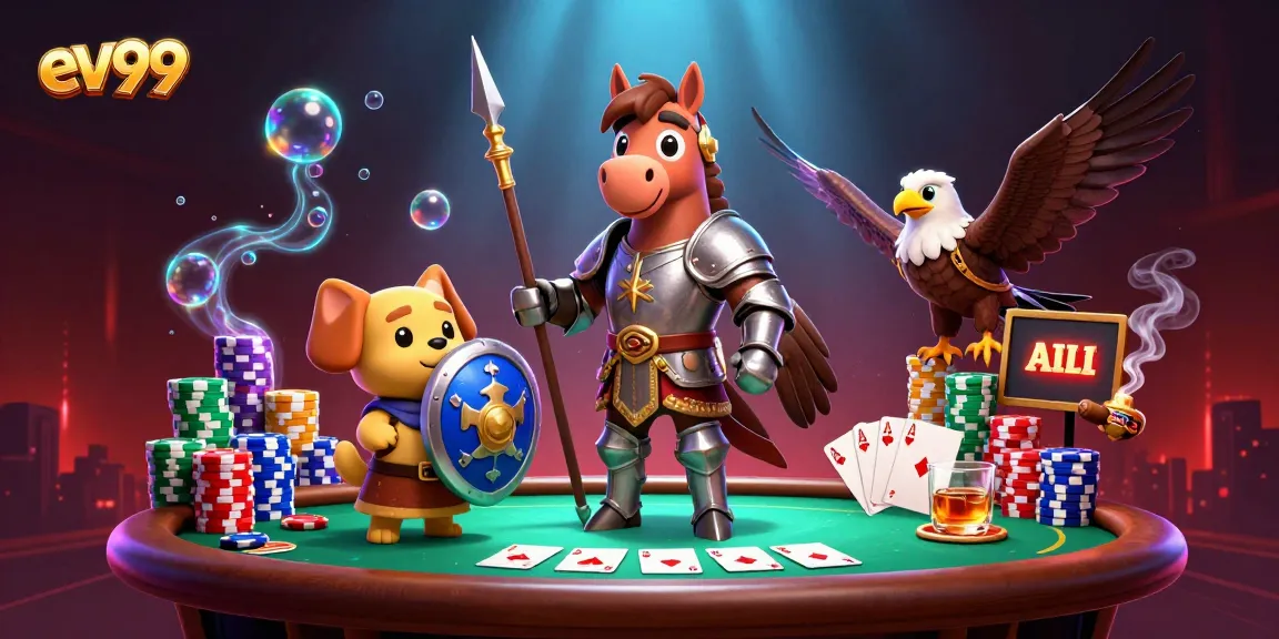 Experience the thrill of ev99 as a knight and squire navigate a vibrant casino atmosphere filled with poker elements.