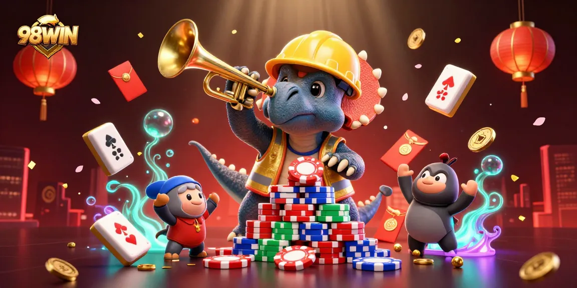 Engage with 98WIN as a triceratops builds a poker chip pyramid amid vibrant casino elements.