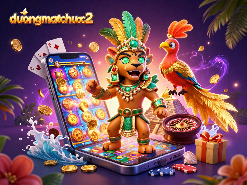 Experience duongmatchuoc2 with a vibrant gaming scene featuring a Mayan priest and casino elements.