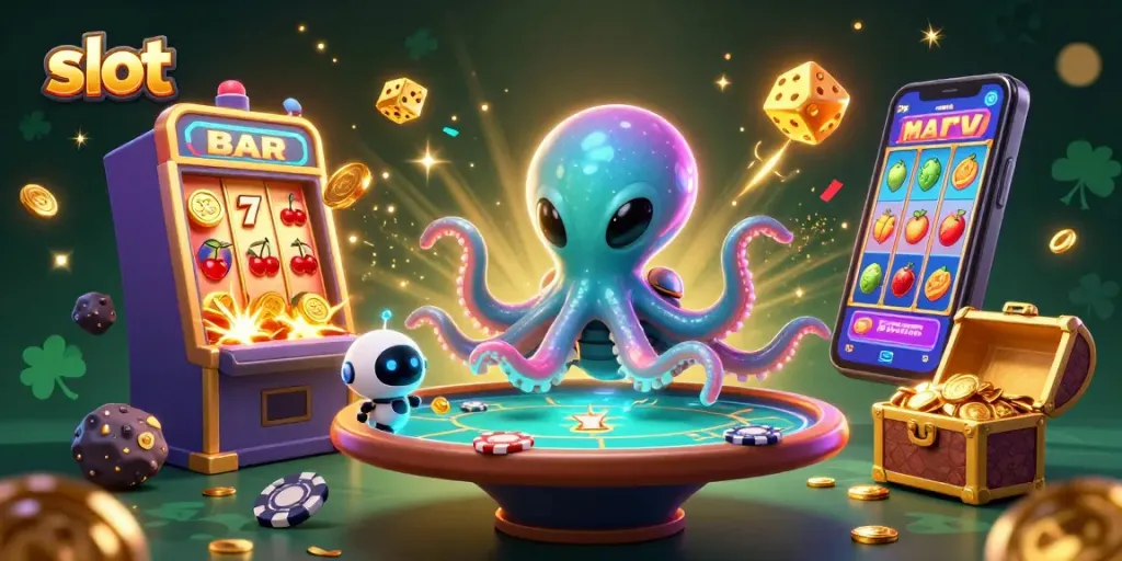 Experience the thrill of slot gaming with vibrant characters including an alien octopus and jackpot symbols.