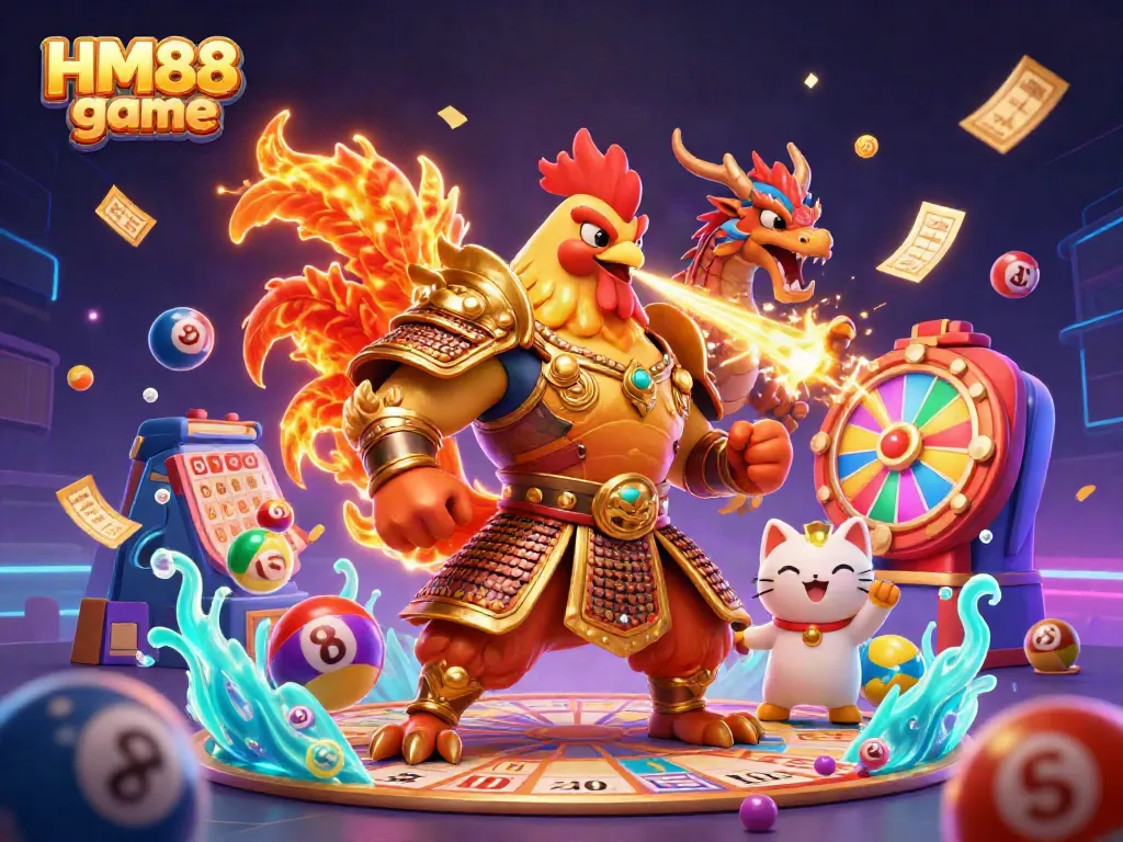 Experience the excitement of the HM88 game with a vibrant 3D scene featuring a samurai rooster warrior alongside dynamic elements.