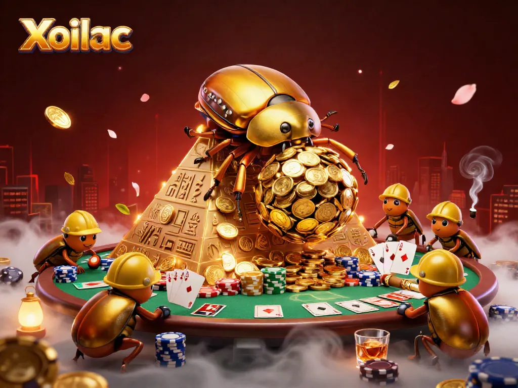 Xoilac entertains with golden beetles rolling coins, poker elements creating a vibrant casino scene.