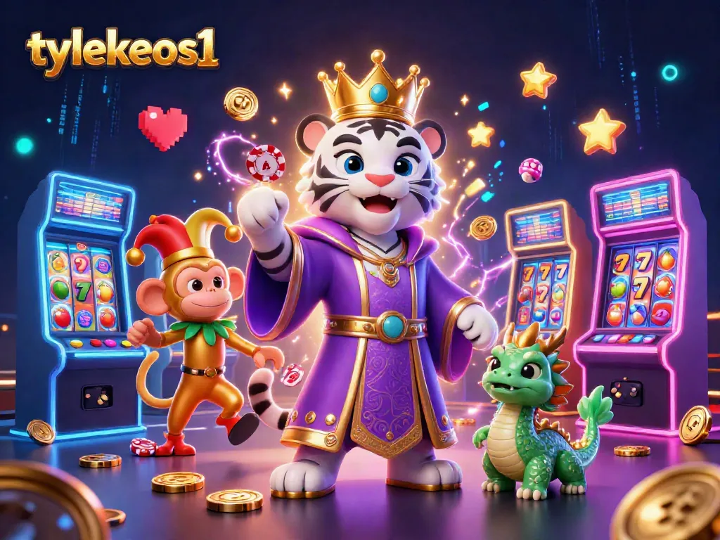 Experience the excitement of gambling at tylekeos1 with vibrant slot machine elements and playful characters.