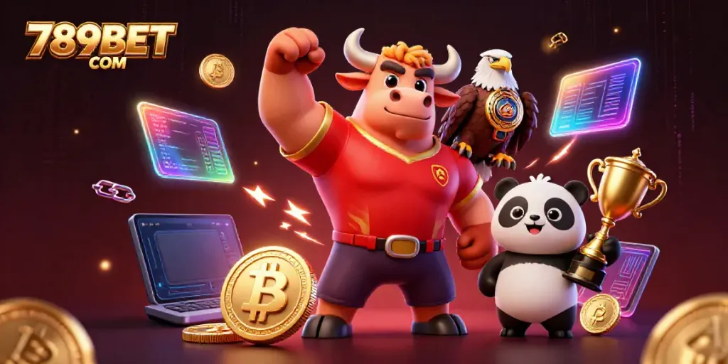 Win big with 789BET COM's thrilling games, featuring a victorious bull mascot and vibrant casino elements.
