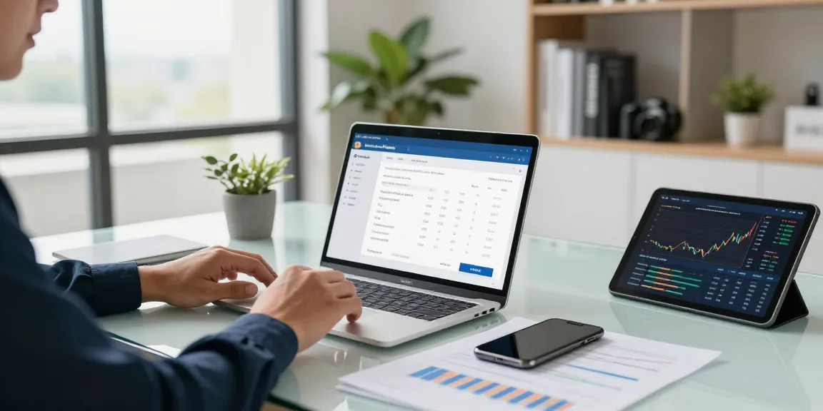 Engaging with an online payment gateway in a modern office workspace, showcasing financial graphs and analysis.