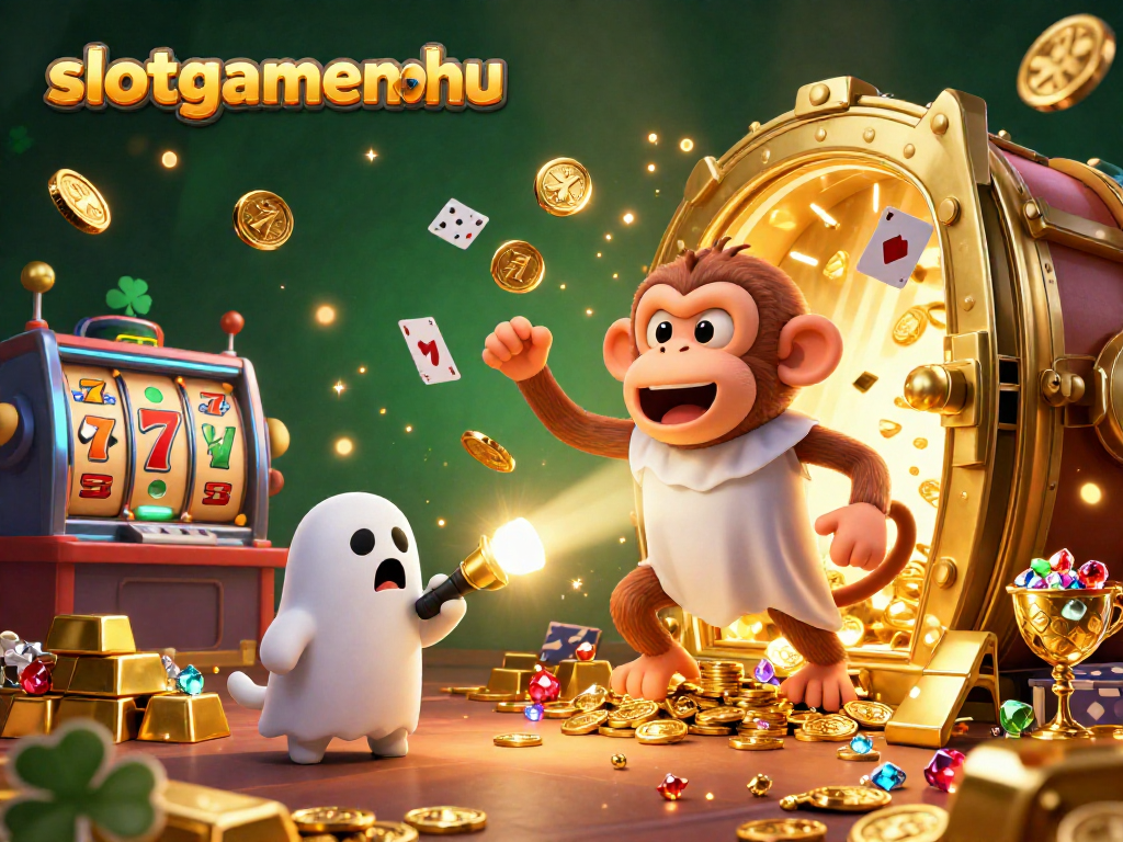 Track the magical luck at slotgamenohu with this lively casino scene featuring a playful monkey and ghost-hunter puppy.