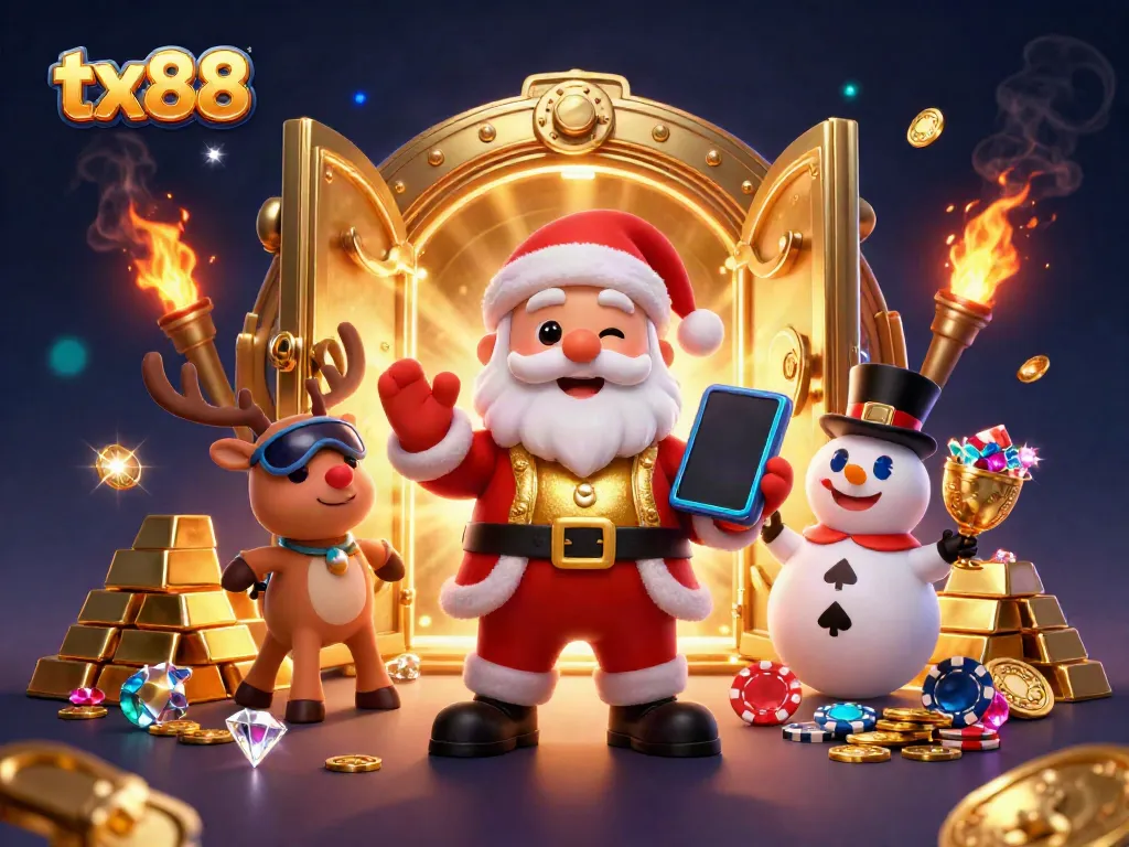 Experience thrilling jackpot slots with tx88 as Santa and friends celebrate in a dazzling casino scene.