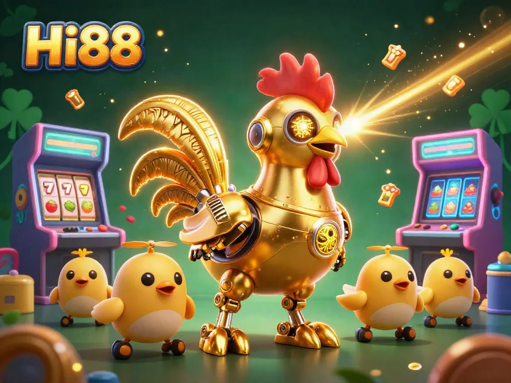 Experience thrilling gaming at Hi88 with a golden rooster robot and dazzling slot machines.