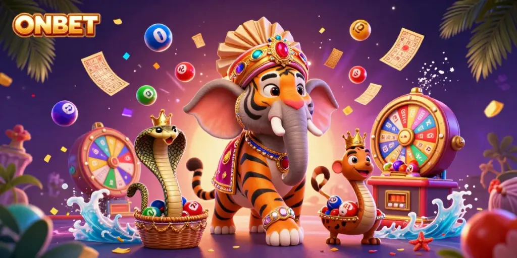 Experience the excitement of ONBET with a vibrant 3D illustration of a maharaja, elephant, and lottery elements.